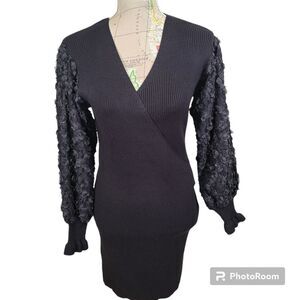 LUSH Size Small Black Knit Sweater Mini Dress 3D Floral Sheer Balloon Sleeve NWT